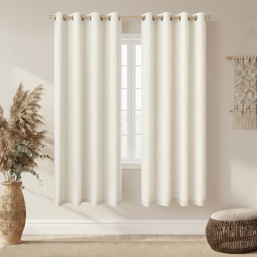 Image of 100% Blackout Linen Textured Curtains for Bedroom Full Light Blocking Room Darkening Bronze Grommet Window Drapes Thermal Insulated Energy Efficient Home Decor 52x63 Natural (2 Panels)