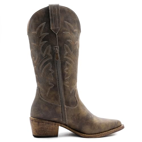 Image of GLOBALWIN Women's Mid Calf Western Cowboy Boots Cowgirl Boots for Women with Floral Embroidery Side Zipper Chunky Heel