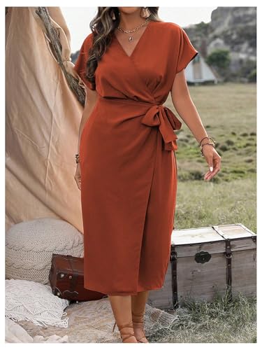 SOLY HUX Women's Plus Size Wrap V Neck Knot Side Midi Dress Short Sleeve Flowy Party Dresses4