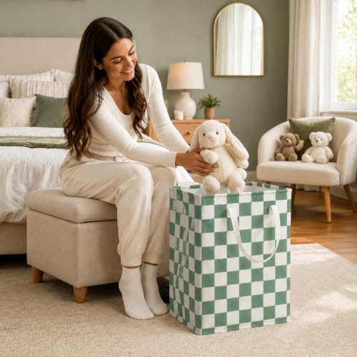 Image of Sage Green Gingham Storage Basket for Girls' Room Decor, 23.6 In Tall