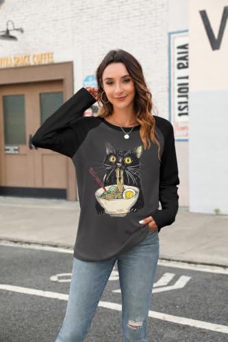 Image of Cat Shirts for Women Loose Fit Lightweight Long Sleeve Animal Tee | Black Cat Shirt for Women Cat Mom Graphic Tee Shirts Cat Shirt Long Sleeve Pullover Tops