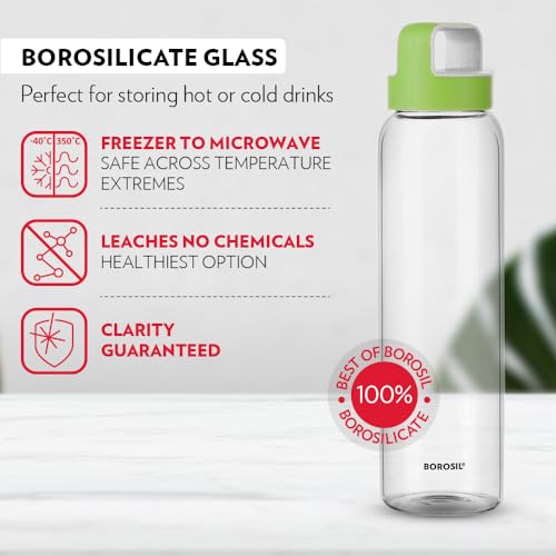 Image of Borosil 1000ml Neo Water Bottle with Green Husk Lid | Borosilicate Glass Wide Mouth Bottle for Fridge | Extreme Temperature Resistant For Hot & Cold Water, Milk, Lassi, Juice | Transparent (2pc)