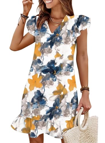 Image of QACOHU Spring Summer Dresses for Women 2026 V Neck Cap Sleeve Ruffle Hem Smock Short Casual Beach Dress