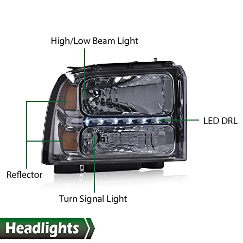 Image of GRAND ORANGE LED DRL Headlights Assembly, Compatible with 2005 2006 2007 Ford F250 F350 F450 F550 Super Duty bumper Headlamp, Amber Corner Headlight(Smoky lens Chrome Housing Amber Reflector)