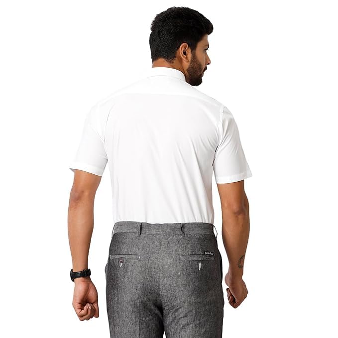 Image of RAMRAJ COTTON Men Solid Regular Fit Half Sleeve Ethnic White Cotton Blend Shirt