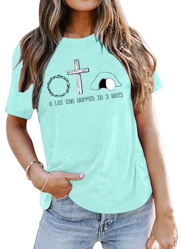 Image of Ithalt Easter Shirts for Women He is Risen Tshirt Easter Christian T-Shirt Jesus Lover Short Sleeve Tops