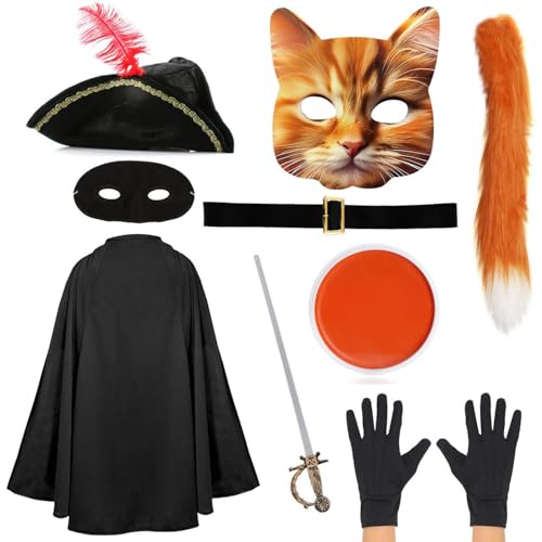 Disfarce de bandido de gato para adultos, capa preta, chapéu de tricórnio, máscara de gato, máscara de olhos, espada falsa, de gato, luvas pretas, cinto, pintura facial laranja e branca