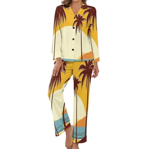 Pyjama grande taille femme : ensemble chemise boutonnée et pantalon imprimé tropical