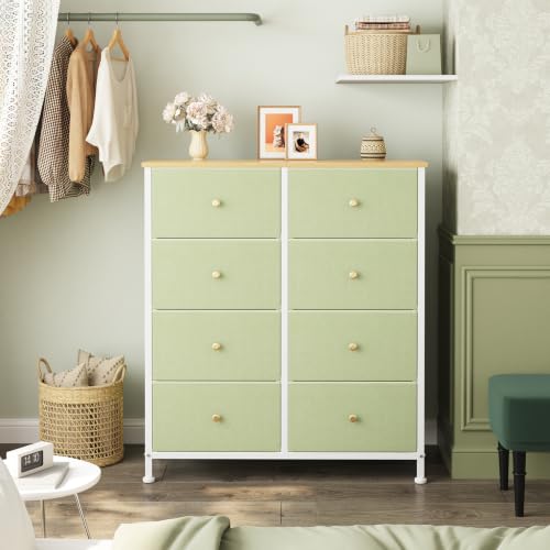 Image of OLIXIS 8 Drawer Storage Dresser with Wood Top - Wide Fabric Chest Organizer for Bedroom, Closet, Living Room,Tower Cabinet, TV Stand, Hallway Entryway Furniture, Light Green
