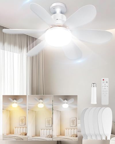 RuiDay - Lámpara ventilador de techo (40 W, ventilador de techo con luz, E27, ventilador de techo silencioso con luz y mando a distancia, 6 aspas, 3 velocidades (blanco redondo + alargado)