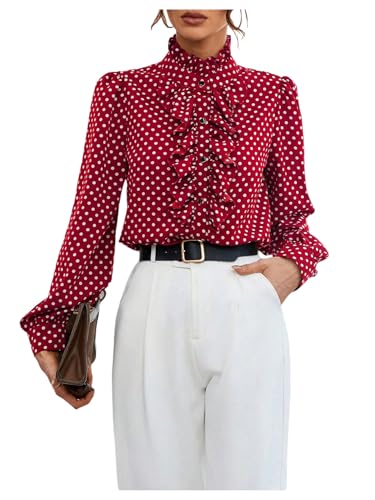 Floerns Women's Ladies Polka Dots Long Sleeve Ruffle Button Down
