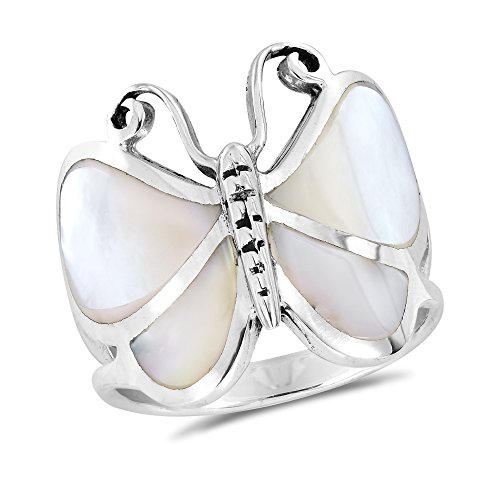AeraVida Captivating Butterfly Motif White MOP Statement .925 Sterling Silver Ring