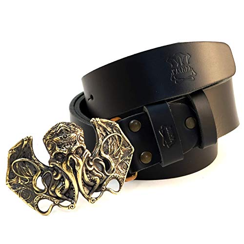 Leather Belt with brass buckle Cthulhu, Handmade myths underwater monster solid brass belt buckle
