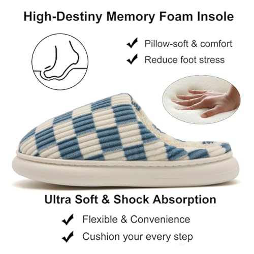 Image of Yueerlu House Slippers for Women Men, Fuzzy Checkered Mens Womens Slippers Warm Memory Foam House Shoes Indoor Outdoor with Faux Fur Lining