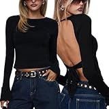 MeeQee T-Shirt da Donna a Maniche Lunghe Schiena Scoperta Maglietta Sexy Girocollo Slim Fit Maglia Tinta Unita Basic Y2K Crop Top Casual Moda Tshirt Elegante Tops