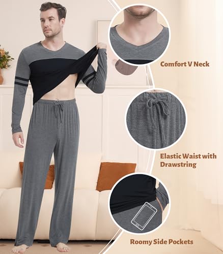 Image of NACHILA Mens Pajamas Set Viscose Made from Bamboo V Neck Top Sleep Pants | Elastic Waist with Drawstring,Soft ,Tagless Comfort,Moisture Wicking,All season Loungewear Set, Jogger Sweatpant,Match set
