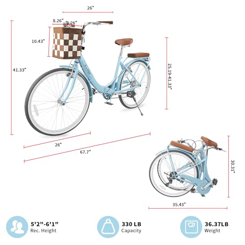 Foldable Women's Beach Cruiser Bike, 26 Commute Bike