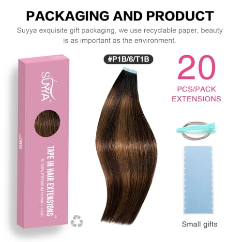 Image of SUYYA Tape In Hair Extensions Human Hair 16 Inch #P1B /6 /T1B Black to Brown