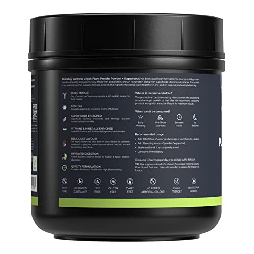 Image of Nutrabay Wellness Vegan Plant Protein Powder + Superfoods 24g Protein per Serving - Complete Amino Acid, Pea & Brown Rice, Sugarfree - 500g, Rich Chocolate | 100% Authentic Clean Protein
