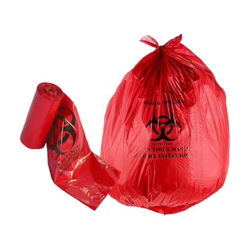 Bits N Things Infectious Biohazard Red Waste Bags Hazardous Trash Can Liners | Medical Grade No Leak Bags | Great for Lab Containers, Swabs, Pads, Gloves | 50 Count - 33\" x 40\" (30 Gallon)