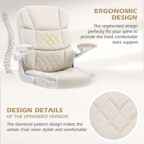 Seatzone Ergonomic Office Chair Beige Velvet Fabric Computer Desk Chairs With Wheels And Flip-Up Arms, Rolling Swivel Task Chair For Adults And Teens #TOP3