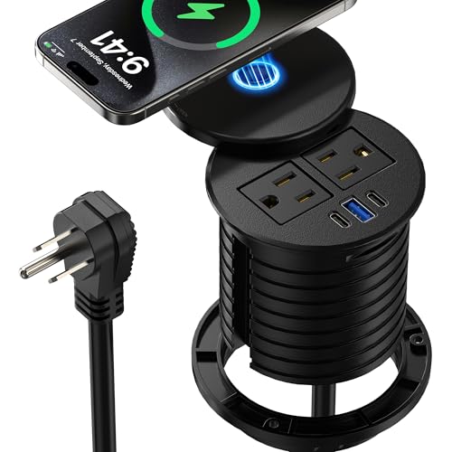 3 Inch Desk Power Grommet with 10W Wireless Charger, 20W USB C Fast Charging Station,2 AC TR Outlets, Round Flush-Mount Recessed Power Strip for Conference Rooms, Office Tables, Furniture, 6FT Cord