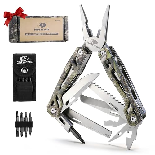 MOSSY OAK Multitool, 22-in-1 Stainless Steel Pliers with Screwdriver Sleeve, Camo Steel Handle, Self-locking Knife with Sheath-Perfect for Outdoor, Survival, Camping, Hiking, Simple Repair
