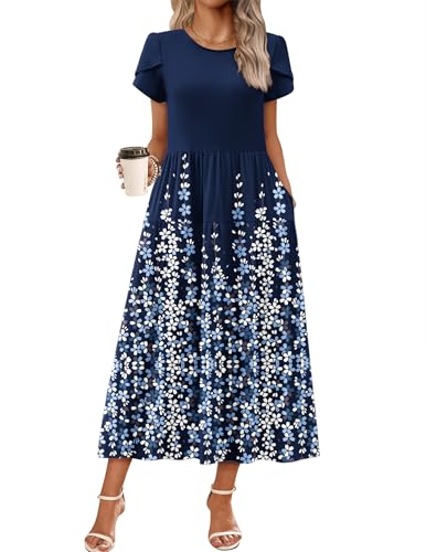 Image of Zeagoo Summer Dresses for Women 2026 Maxi Bohemian Floral Short Sleeve Long Dress Casual Flowy Tired Beach Sundress