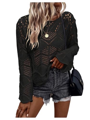 Image of GORGLITTER Women's Hollow Out Crochet Jumpers Crewneck Bell Long Sleeve Loose Pullover Sweaters Black Small