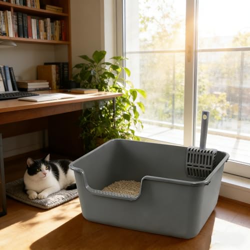 4 Cajas sanitarias para gatos plásticas anti-salpicaduras grises miniatura 4
