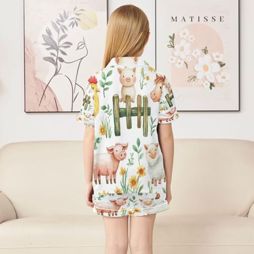 Satin Pajama Sets Short Sleeve Farm Animals on Fence Button Down Silky Nightwear 2 Piece PJS 5-14Y4