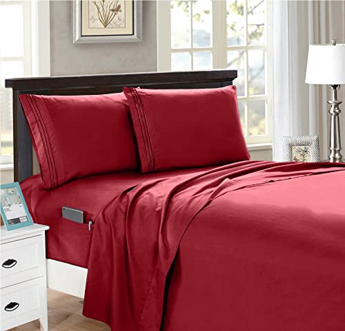 Elegant Comfort 4-Piece Smart Sheet Set - Luxury Soft 1500 Thread Count Egyptian Quality Microfiber, Wrinkle Resistant with Side Storage Pockets on Fitted Sheet, King, Burgundy