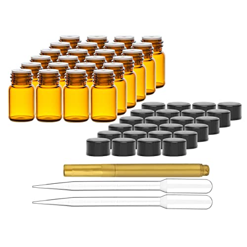 CULINAIRE Amber Essential Oil Bottles Glass Sample Bottles Mini Bottles with Orifice Reducers Black Caps 2 Dropper and a Gold Glass Pen 24 Pack 2 ml