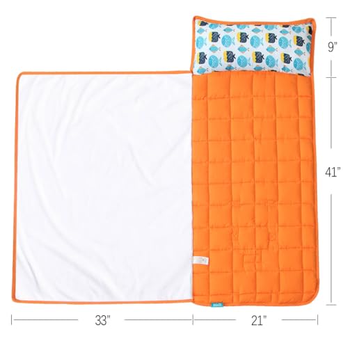 Image of Nap Mat, Toddler Nap Mat with Blanket, Fish, 50 inch x 21 inch | Portable, For Preschool Kindergarten Daycare, Roll up Sleeping Bag for Kids, Quilted, Super Soft & Cozy