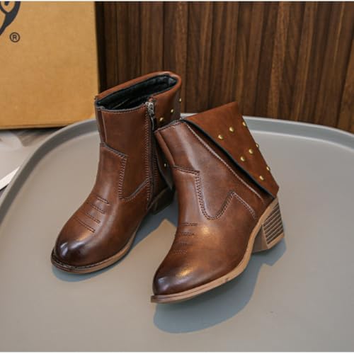 Girls Low Heels Cowgirl Cowboy Western Boots Rivet Mid Calf Booties Side Zipper Riding Shoes2