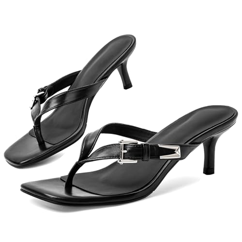 CouieCuies Flip Flop Heels for Women Black Kitten Heels Sandals Square Open Toe Thong Low heel Widths Adjustable