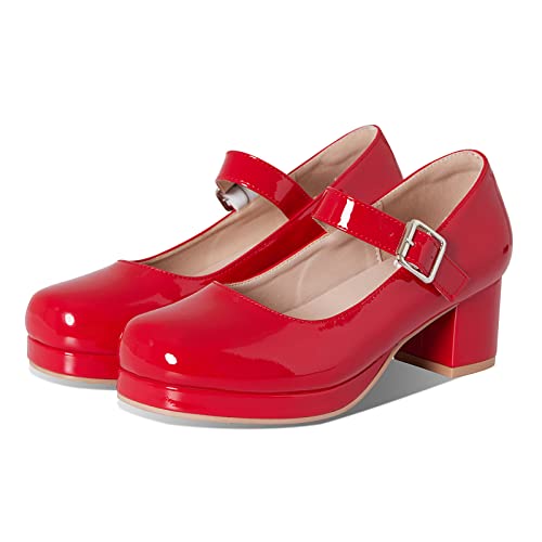 Femflame Women's Low Chunky Heel Mary Jane Pumps Ankle Buckle Strap Sweet Round Toe Dress Shoes Jk Cosplay Uniform Dress Shoes Red #TOP6