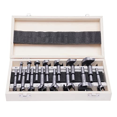 15PCS Professional Wood Forstner Drill Bit Set Metric 10-50mm High Carbon Steel,Flat Wing Drilling Hole Hinge Cemented Carbide Carbon High Speed Steel Woodworking Drill Punching Bit with Round Shank