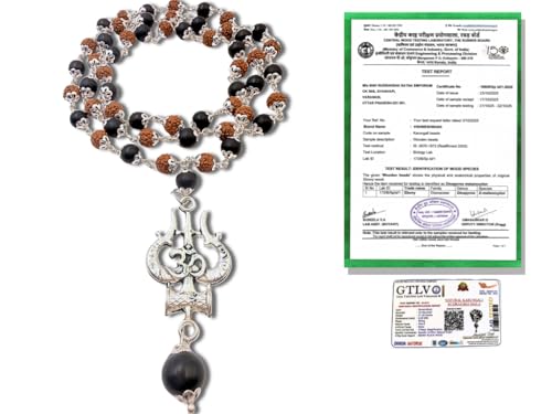Image of Govt. Lab Certified Karungali Rudraksha Om Shiv Triushul Malai Original | 100% Natural Ebony Wood (54+1) Beads Mala 8mm in German Silver Cap | for Men & Women