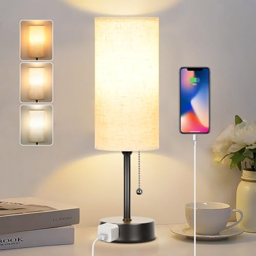 Bedside Table Lamp for Bedroom, 3-Color Small Lamps with Pull Cha...