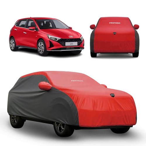 Image of PROTEGO Prime Series India's 1st Anti-Tear Car Cover for Hyundai i20 | Heavy-Duty, Custom Fit, All Weather Protection | 100% Waterproof, Windproof & Hail Resistant | 2-Year Warranty | Red + Black