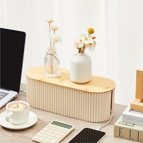 Image of Soko Cable Management Box with Bamboo Lid | Cords Hider & Surge Protector | Concealer for Power Strips, Router, TV, Gadget Wires Storage Organiser Tray for Desk, Table - Home, Office - Off-White