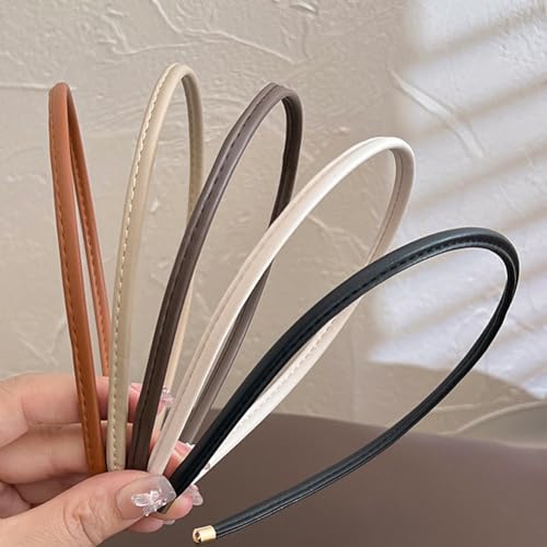 Thin Headband Skinny Leather Headbands for Women Trendy Comfortable No Headache Headband Non-Slip Hair Accessories for Women Girls 5Pcs (Beige/Brown/Black/White/Tan)