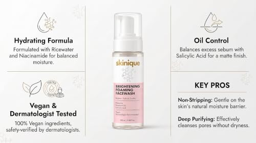 Image of Brightening Foaming Face Wash with 2% Salicylic Acid, Rice Water & Niacinamide | Brighten - Hydrate - Soothe | Gentle Daily Cleanser for Oil Control, Pore Cleansing | Hydrating Face Wash for Men & Women | 100ml