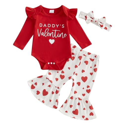 Baby Girl Valentines Outfit Letter Print Romper Love Heart Flare Pants Headband First Valentines Baby Girl Outfit (Red Daddy's Valentine, 6-12 Months)