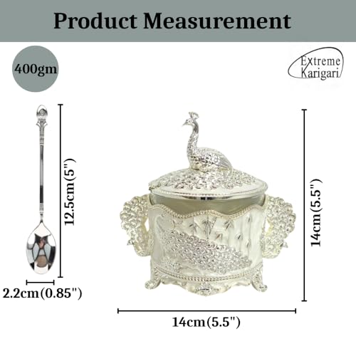 Image of Premium Decorative Peacock Design Sugar Pot | Jar with Spoon | German Silver-Plated Embossed Peacock Glass Container for Home Decor, Kitchen & Gifting