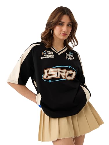 Image of The Souled Store ISRO: Space Women and Girls Short Sleeves V-Neck Black Graphic Printed Cotton Oversized T-Shirt