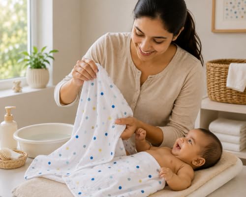 Image of 100% Cotton Muslin Baby Swaddle & Bath Towel, 120 x 120 cm (47 x 47 Inches), Soft & Breathable Newborn Baby Swaddle Wrap, Lightweight Cotton Baby Blanket, 0-18 Months, Multi Dot + Coconut, Set of 2