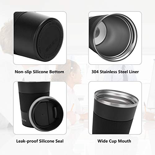 Kaforto 12Oz Insulated Coffee Travel Mug Stainless Steel Vacuum Coffee Cup Leakproof With Screw Lid Double Wall Coffee Tumbler Reusable Thermal Cup For Hot/Iced Beverage - 380Ml, Black #TOP2