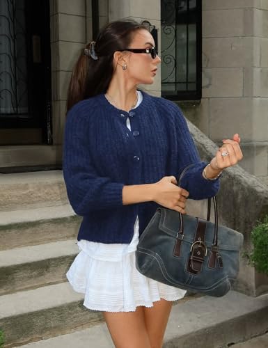 Image of COZYPOIN Women Chunky Cardigan Open Front Sweater Long Sleeve Knitted Cardigan Button Down Outerwear Knitwear Navy